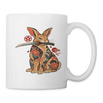 Katzen-Samurai mit Blüten-Tattoo - Tasse - Weiß - Rechts