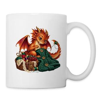 Strickender Drache mit Wolle - Tasse - Weiß - Rechts