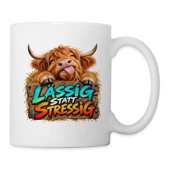 Lässig statt Stressig – Fröhlicher Bullenlook - Tasse - Weiß - Rechts