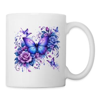 Wasserfarbener Schmetterling mit Pfingstrosen - Tasse - Weiß - Rechts