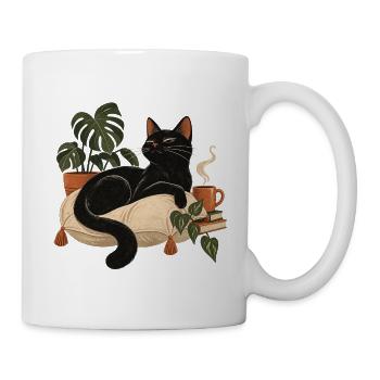 Schwarze Katze auf Kuschelkissen - Tasse - Weiß - Rechts