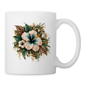 Goldene Hibiskus-Blüten mit Leoparden-Print - Tasse - Weiß - Rechts