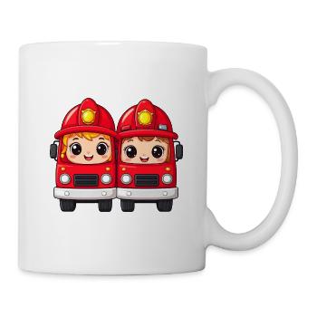 Zwei süße rote Kawaii Feuerwehrautos Freunde Shirt - Tasse - Weiß - Rechts