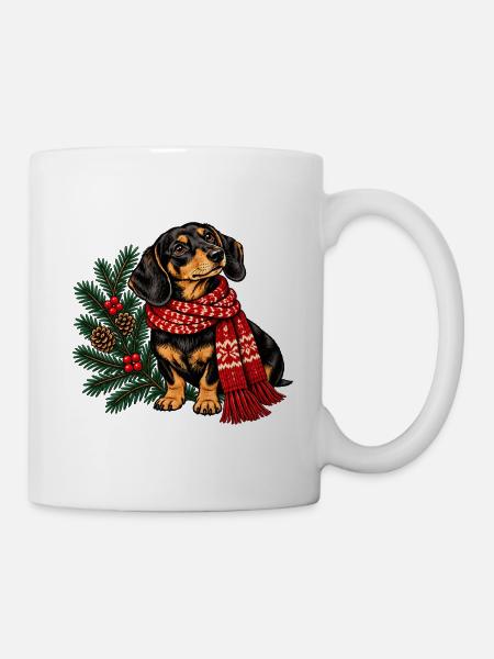 Winterdackel mit rotem Schal - Tasse - Weiß
