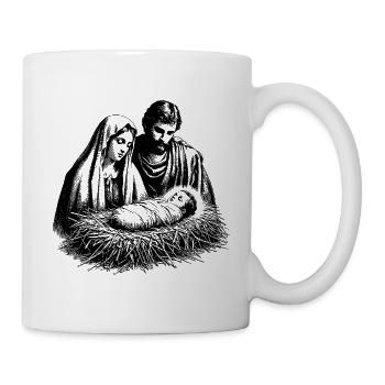 Maria und Josef betrachten den neugeborenen Jesus - Tasse - Weiß - Rechts