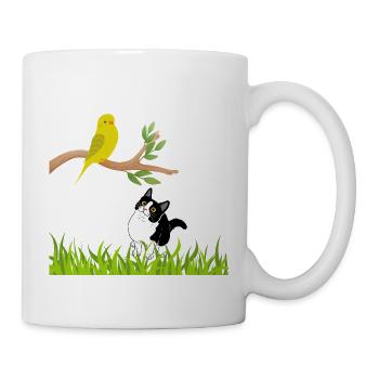 Sonniger Singvogel und Neugierige Katze - Tasse - Weiß - Rechts