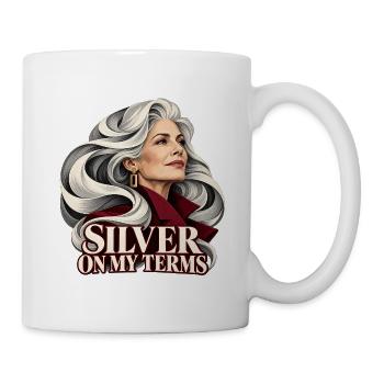Porträt einer Frau mit silbernem Haar - Tasse - Weiß - Rechts