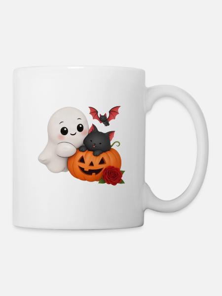 Verspielter Geisterkatzen-Kürbis - Tasse - Weiß