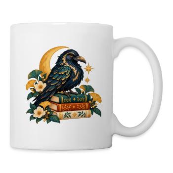 Rabe zwischen Büchern und Sternenblumen - Tasse - Weiß - Rechts
