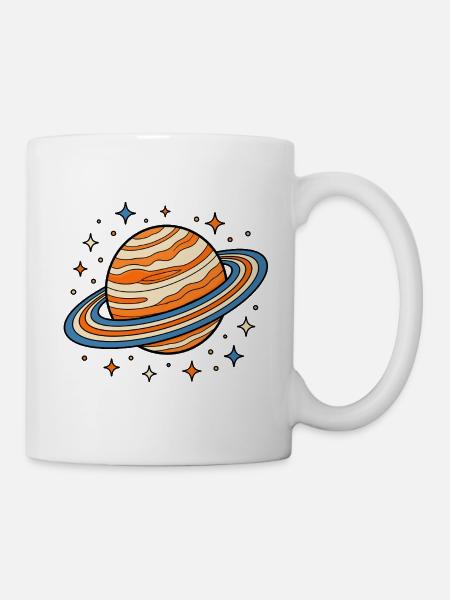 Planet Saturn mit Ringen und Sternen Vektor Shirt - Tasse - Weiß