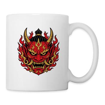 Oni Maske mit Flammen Japanischer Dämon Shirt - Tasse - Weiß - Rechts