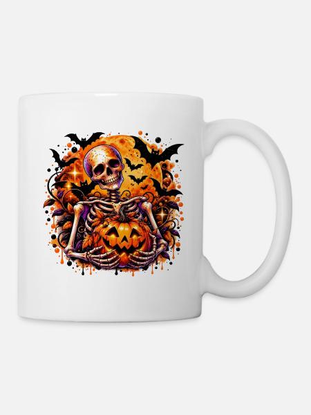Skelett mit Pumpkin Halloween-Motiv - Tasse - Weiß