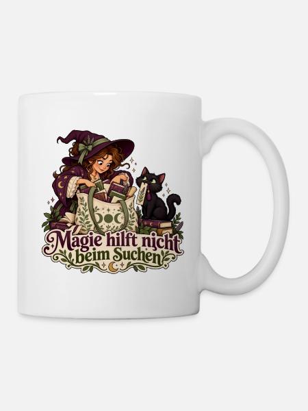 Hexe und Katze auf Lesezeichensuche - Tasse - Weiß