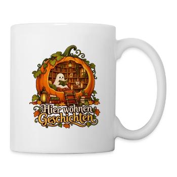 Kürbis-Bibliothek: Hier wohnen Geschichten - Tasse - Weiß - Rechts