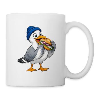 Möwe mit Beanie & Fischbrötchen – Küste - Tasse - Weiß - Rechts