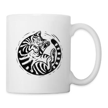 Schlafende getigerte Katze – Vintage-Gravur-Illustration - Tasse - Weiß - Rechts