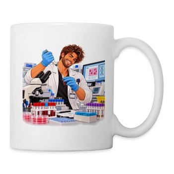 Wissenschaftler lächelt im farbenfrohen Labor - Tasse - Weiß - Rechts