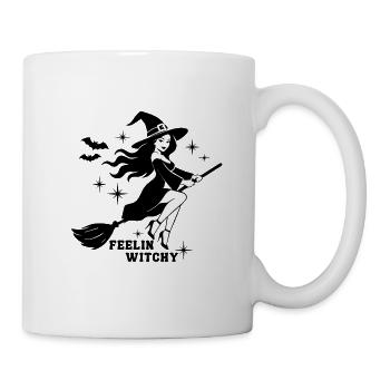Feelin Witchy Halloween Shirt – Hexe auf Besen - Tasse - Weiß - Rechts