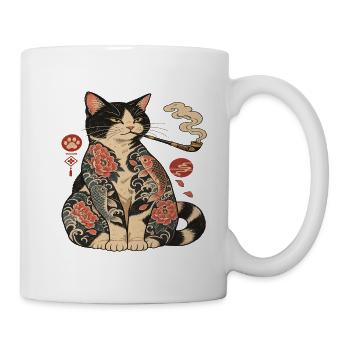 Katzentattoo mit Koi-Blüten - Tasse - Weiß - Rechts