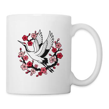 Kranich Kirschblüten Japan Natur Vektor Shirt - Tasse - Weiß - Rechts