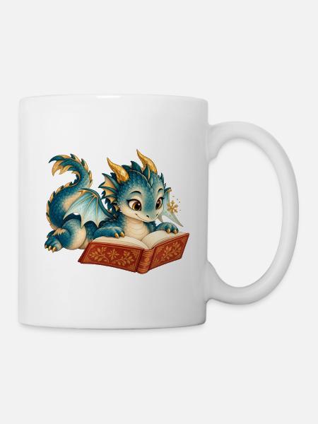 Blaues Drachen-Lesebuch - Tasse - Weiß