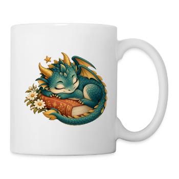 Schlafender Drache zwischen Buch und Blumen - Tasse - Weiß - Rechts