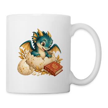 Neugeborener Drache zwischen Eiern und Buch - Tasse - Weiß - Rechts