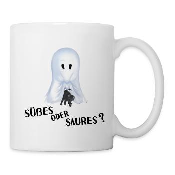 Süßes oder Saures - Gespenst mit Katze - Tasse - Weiß - Rechts