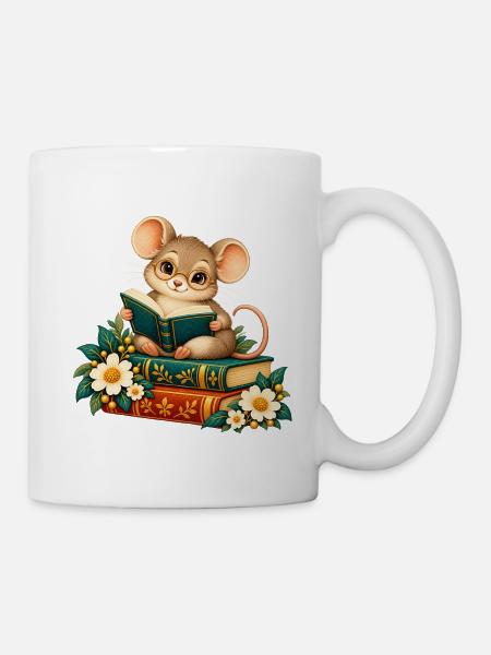 Lesermaus zwischen Büchern und Blumen - Tasse - Weiß