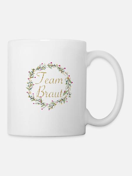 Team Braut mit Blumenkranz goldener Schriftzug - Tasse - Weiß