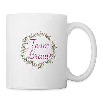 Team Braut mit Blumenkranz pinker Schriftzug - Tasse - Weiß - Rechts