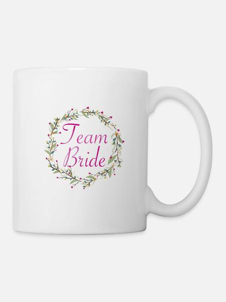 Team Bride mit Blumenkranz pinker Schriftzug - Tasse - Weiß