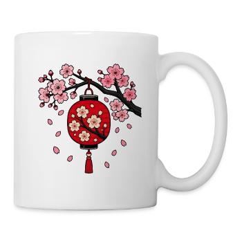 Japanische Lampion Sakura Kirschblüte Vektor Shirt - Tasse - Weiß - Rechts
