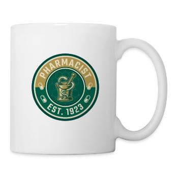 Vintage Apotheker-Mörser-Stößel Hygieia-Abzeichen - Tasse - Weiß - Rechts