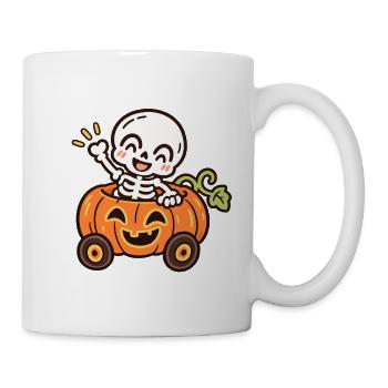 Lustiges Skelett im Kürbisauto – Halloween - Tasse - Weiß - Rechts