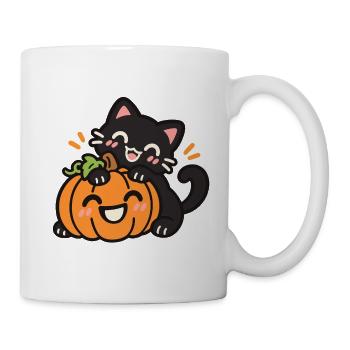 Süße schwarze Katze mit Halloween Kürbis - Tasse - Weiß - Rechts