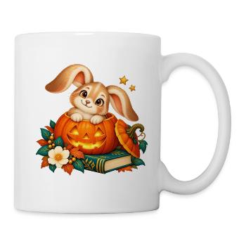 Festliches Kaninchen zwischen Kürbis und Buch - Tasse - Weiß - Rechts