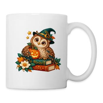 Halloween-Eule zwischen Büchern und Kürbis - Tasse - Weiß - Rechts