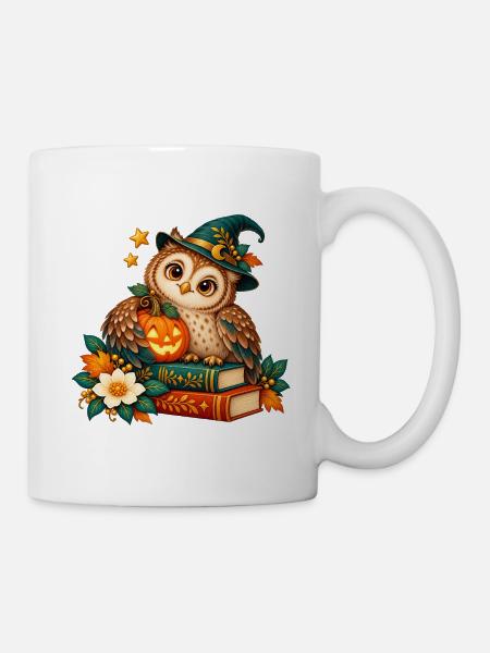 Halloween-Eule zwischen Büchern und Kürbis - Tasse - Weiß