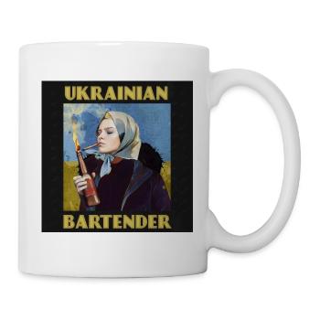 Porträt eines ukrainischen Barkeepers mit Molotowcocktail - Tasse - Weiß - Rechts