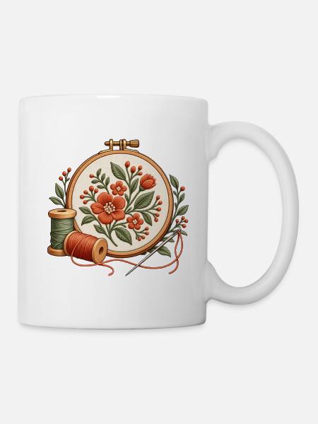 Stickrahmen mit Blumen - Motiv für Stickfans - Tasse - Weiß