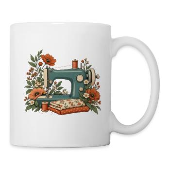 Nähmaschine mit Blumen - Vintage Nähen - Tasse - Weiß - Rechts