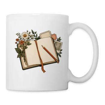 Journaling - Notizbuch mit Blumen und Bleistift - Tasse - Weiß - Rechts