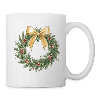 Eleganter goldener Weihnachtskranz mit Schleife - Tasse - Weiß - Rechts