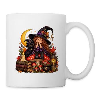 Niedliche Hexe mit schwarzer Katze - Tasse - Weiß - Rechts