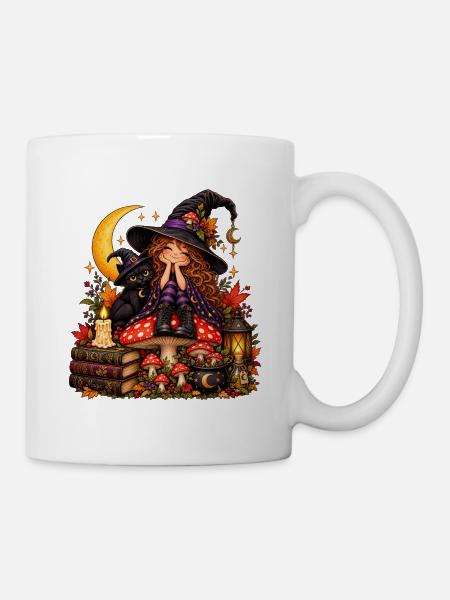 Niedliche Hexe mit schwarzer Katze - Tasse - Weiß