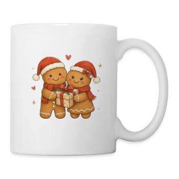 Aquarell-Lebkuchen-Paar mit Geschenk - Tasse - Weiß - Rechts