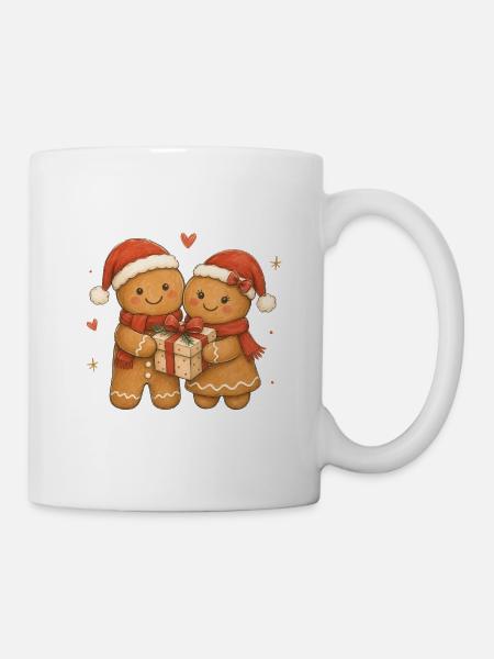 Aquarell-Lebkuchen-Paar mit Geschenk - Tasse - Weiß