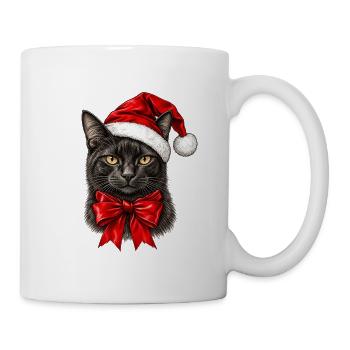 Schwarze Katze mit Weihnachtsmütze & Schleife - Tasse - Weiß - Rechts
