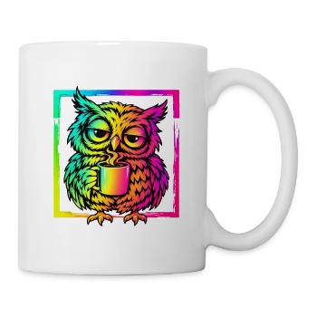 Eule mit Kaffee – Neon Graffiti Pop Art - Tasse - Weiß - Rechts